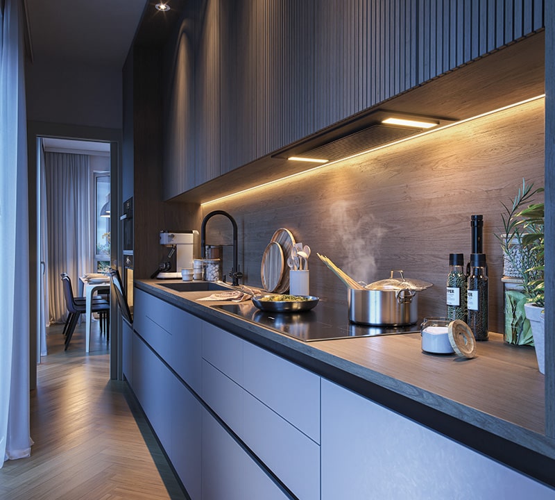 Cucina del Progetto 7PM Living Vibes con Fornello in Funzione